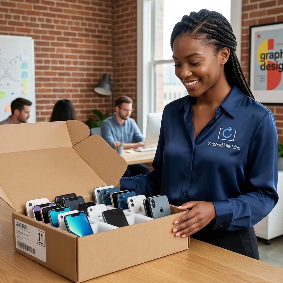 A Second Life Mac team member packing an agency's iPhones into a shipping tray
