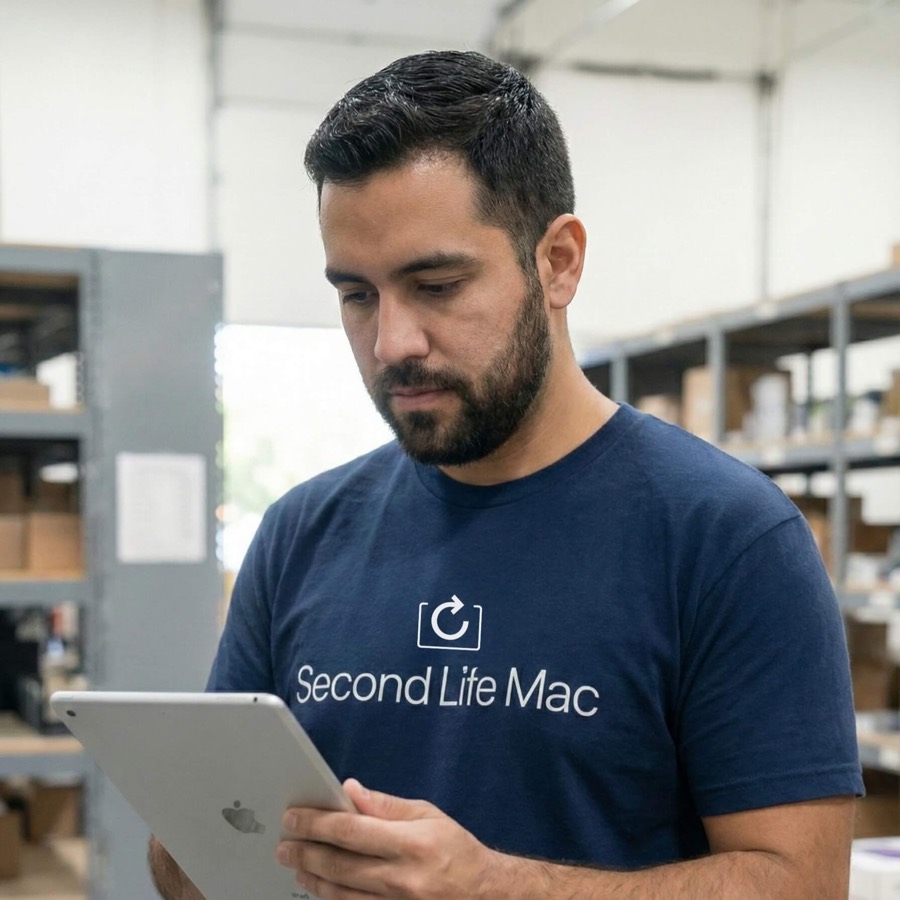 A Second Life Mac technician grading a refreshed iPad in the Skokie facility